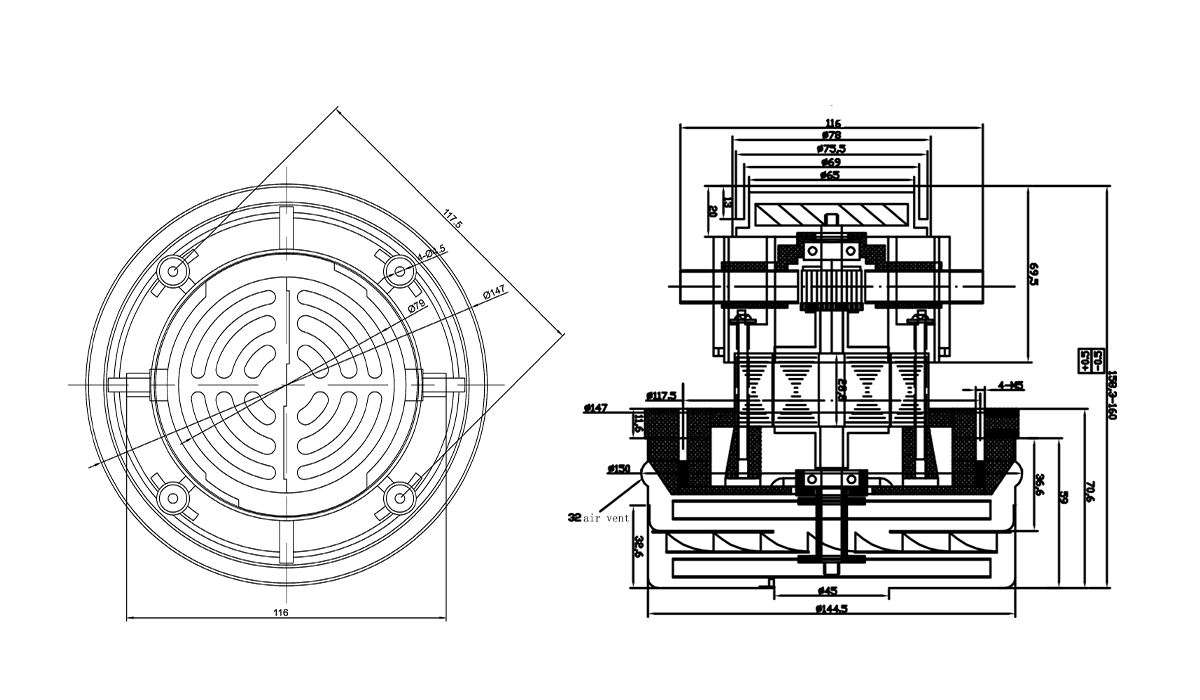 144mm 1200w 斗式真空吸尘器电机带四个定位孔-南宫NG